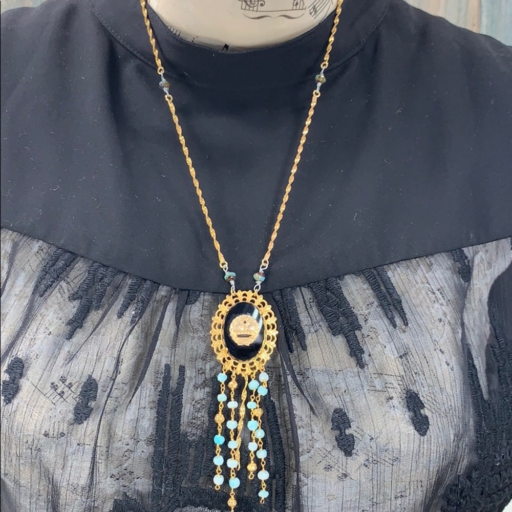 🌟Adorned Crown artisan assemblage aquamarine bead jet black crown necklace